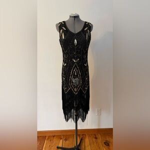 Black, Gold, and Silver Flapper Style Dress with Beaded Fringe